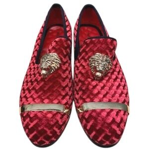 Meijiana Velvet Loafers Men's 12 Red Gold Lion Crest Slip On Formal Dress Shoes
